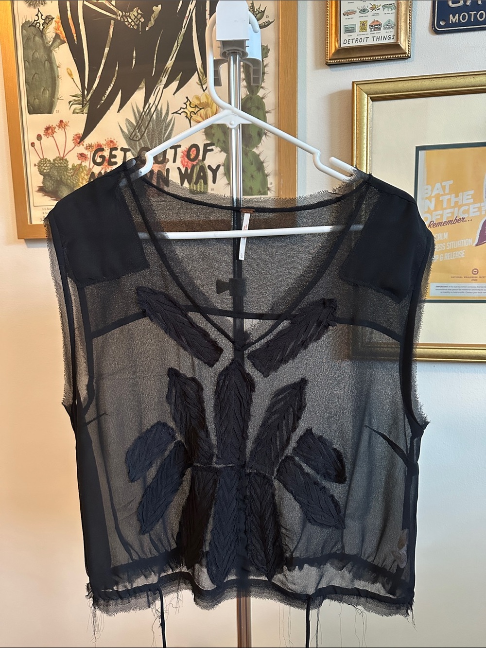 Free People Black Sheer Embroidered Crop Top